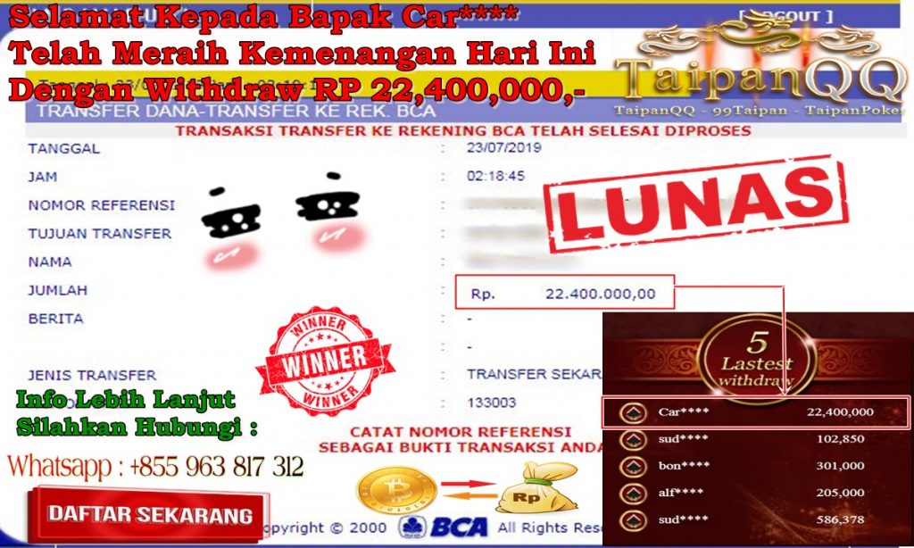 Menang Kembali Bersama TaipanQQ 23 Juli 2019